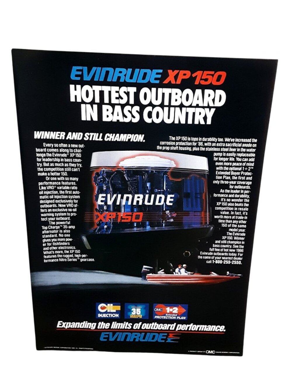 1986 Evinrude XP150 Outboard Motor Vintage Print Ad Bass Fishing Boat